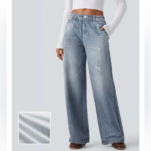 Halara Mid Rise Denim Print French Terry Casual Sweatpants Jeans with Pockets